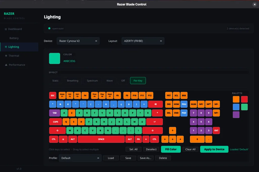 Interface principale — RGB par touche avec prévisualisation temps réel